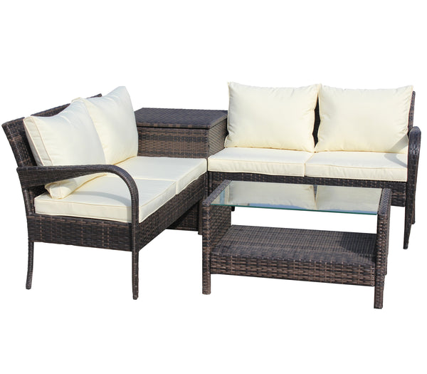 English Elm 4 Piece Patio Sectional Wicker Rattan Outdoor Furniture Sofa Set with Storage Table, Beige Cushions, Tempered Glass Brown W209S00010