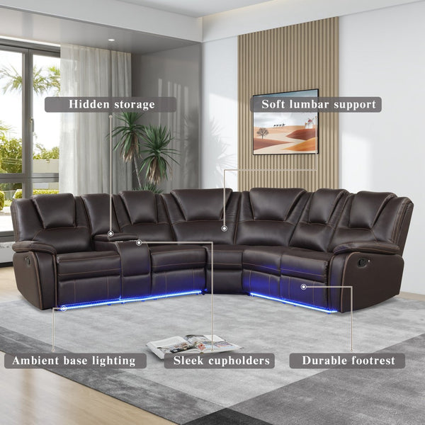 English Elm Modern Pu Leather Reclining Sectional Sofa with Led Base and Console for Living Room SG000730AAD
