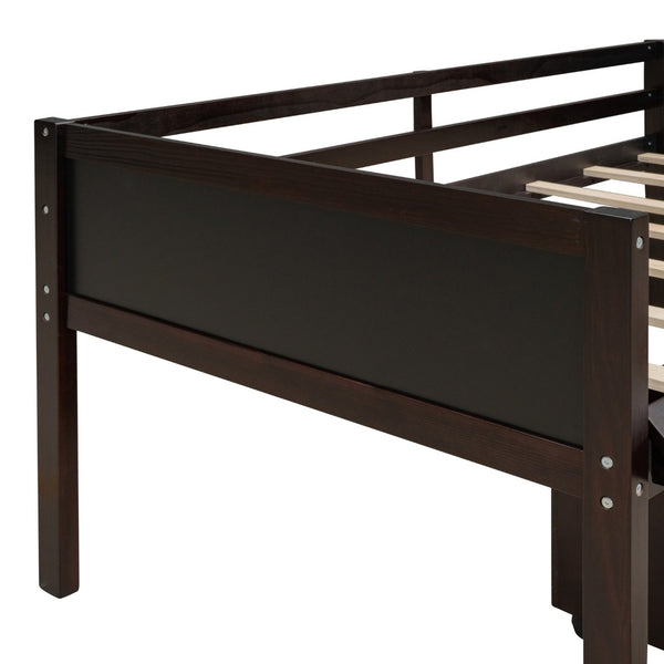 English Elm Twin Loft Bed Solid Pine Frame with Slide Chalkboard Panels and Rolling Storage Boxes WF299308AAP