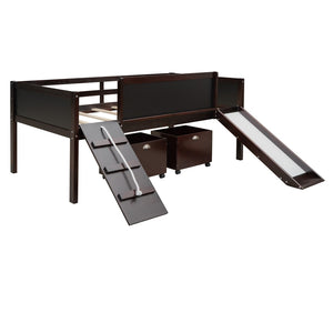 English Elm Twin Loft Bed Solid Pine Frame with Slide Chalkboard Panels and Rolling Storage Boxes WF299308AAP