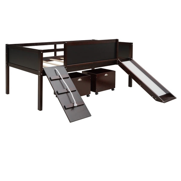 English Elm Twin Loft Bed Solid Pine Frame with Slide Chalkboard Panels and Rolling Storage Boxes WF299308AAP
