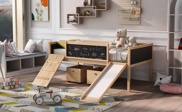 English Elm Twin Pine Loft Bed with Slide Climbing Rope Chalkboard and Rolling Storage Boxes WF299308AAM