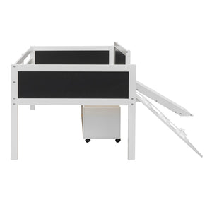 English Elm Twin Loft Bed Solid Pine Frame with Slide Chalkboard Panels and Rolling Storage Boxes WF299308AAK
