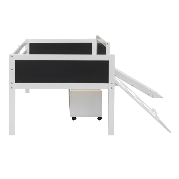 English Elm Twin Loft Bed Solid Pine Frame with Slide Chalkboard Panels and Rolling Storage Boxes WF299308AAK