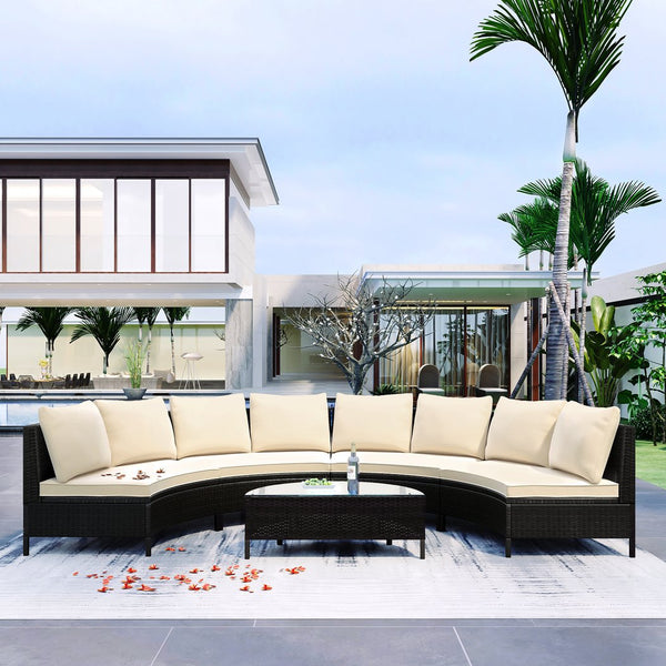 English Elm TOPMAX 5-Piece All-Weather PE Rattan Outdoor Sectional Sofa Set with Tempered Glass Table, Durable Cushions Beige SP100149AAA