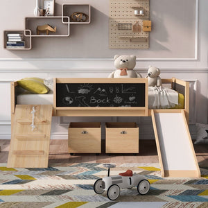 English Elm Twin Pine Loft Bed with Slide Climbing Rope Chalkboard and Rolling Storage Boxes WF299308AAM