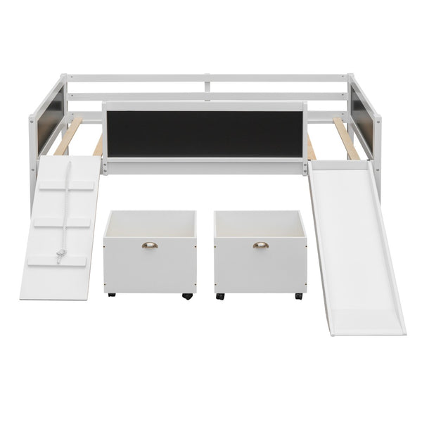 English Elm Twin Loft Bed Solid Pine Frame with Slide Chalkboard Panels and Rolling Storage Boxes WF299308AAK