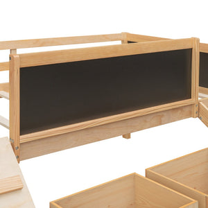 English Elm Twin Pine Loft Bed with Slide Climbing Rope Chalkboard and Rolling Storage Boxes WF299308AAM