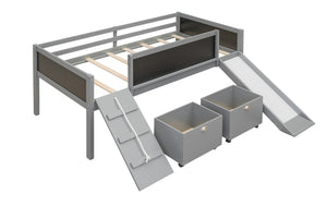 English Elm Twin Pine Wood Loft Bed with Slide Chalkboard Panels and Rolling Storage Boxes WF299308AAE