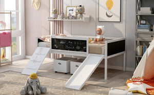 English Elm Twin Loft Bed Solid Pine Frame with Slide Chalkboard Panels and Rolling Storage Boxes WF299308AAK