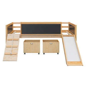 English Elm Twin Pine Loft Bed with Slide Climbing Rope Chalkboard and Rolling Storage Boxes WF299308AAM