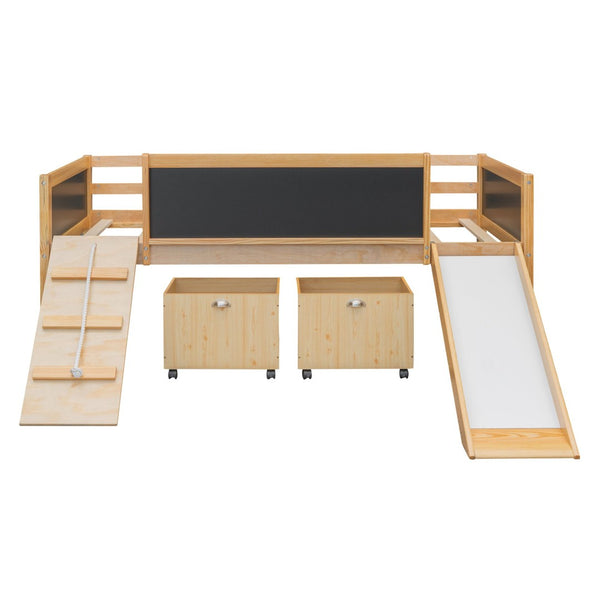 English Elm Twin Pine Loft Bed with Slide Climbing Rope Chalkboard and Rolling Storage Boxes WF299308AAM