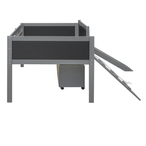 English Elm Twin Pine Wood Loft Bed with Slide Chalkboard Panels and Rolling Storage Boxes WF299308AAE