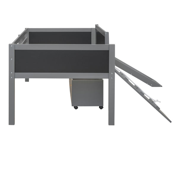 English Elm Twin Pine Wood Loft Bed with Slide Chalkboard Panels and Rolling Storage Boxes WF299308AAE
