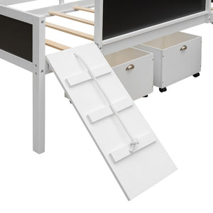 English Elm Twin Loft Bed Solid Pine Frame with Slide Chalkboard Panels and Rolling Storage Boxes WF299308AAK