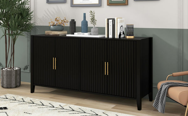 English Elm U_style 63 Inch Wavy Slatted Sideboard with Pine Legs and Gold Handles for Modern Homes N711P333611B