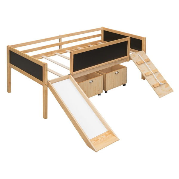English Elm Twin Pine Loft Bed with Slide Climbing Rope Chalkboard and Rolling Storage Boxes WF299308AAM