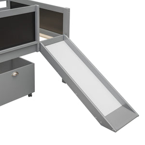 English Elm Twin Pine Wood Loft Bed with Slide Chalkboard Panels and Rolling Storage Boxes WF299308AAE