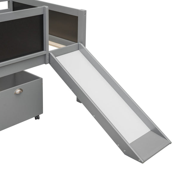English Elm Twin Pine Wood Loft Bed with Slide Chalkboard Panels and Rolling Storage Boxes WF299308AAE