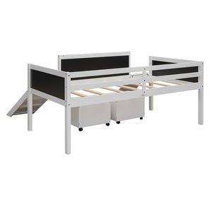 English Elm Twin Loft Bed Solid Pine Frame with Slide Chalkboard Panels and Rolling Storage Boxes WF299308AAK