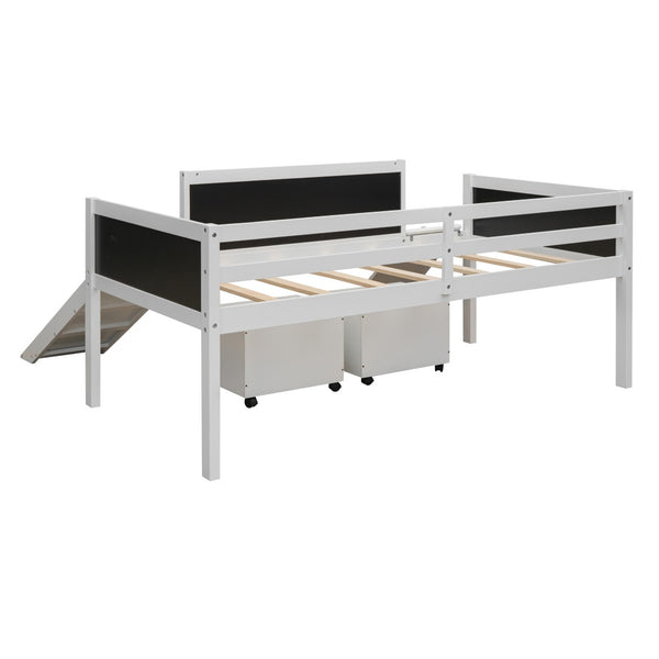 English Elm Twin Loft Bed Solid Pine Frame with Slide Chalkboard Panels and Rolling Storage Boxes WF299308AAK