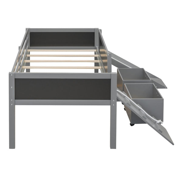 English Elm Twin Pine Wood Loft Bed with Slide Chalkboard Panels and Rolling Storage Boxes WF299308AAE