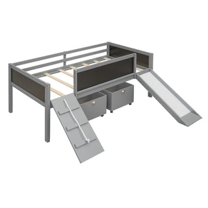 English Elm Twin Pine Wood Loft Bed with Slide Chalkboard Panels and Rolling Storage Boxes WF299308AAE