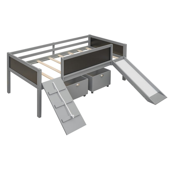 English Elm Twin Pine Wood Loft Bed with Slide Chalkboard Panels and Rolling Storage Boxes WF299308AAE