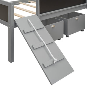 English Elm Twin Pine Wood Loft Bed with Slide Chalkboard Panels and Rolling Storage Boxes WF299308AAE