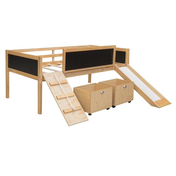 English Elm Twin Pine Loft Bed with Slide Climbing Rope Chalkboard and Rolling Storage Boxes WF299308AAM