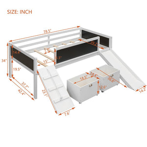English Elm Twin Loft Bed Solid Pine Frame with Slide Chalkboard Panels and Rolling Storage Boxes WF299308AAK