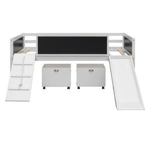 English Elm Twin Loft Bed Solid Pine Frame with Slide Chalkboard Panels and Rolling Storage Boxes WF299308AAK