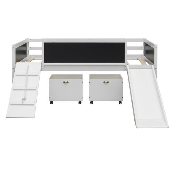 English Elm Twin Loft Bed Solid Pine Frame with Slide Chalkboard Panels and Rolling Storage Boxes WF299308AAK