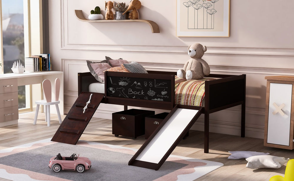 English Elm Twin Loft Bed Solid Pine Frame with Slide Chalkboard Panels and Rolling Storage Boxes WF299308AAP