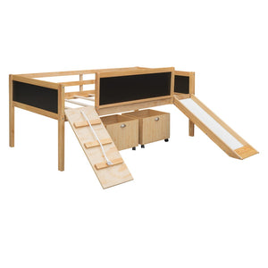English Elm Twin Pine Loft Bed with Slide Climbing Rope Chalkboard and Rolling Storage Boxes WF299308AAM