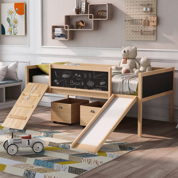 English Elm Twin Pine Loft Bed with Slide Climbing Rope Chalkboard and Rolling Storage Boxes WF299308AAM