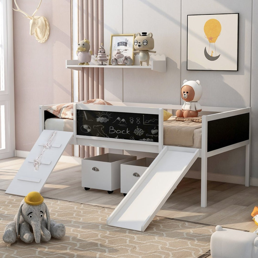 English Elm Twin Loft Bed Solid Pine Frame with Slide Chalkboard Panels and Rolling Storage Boxes WF299308AAK