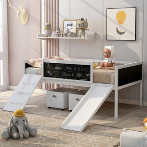 English Elm Twin Loft Bed Solid Pine Frame with Slide Chalkboard Panels and Rolling Storage Boxes WF299308AAK
