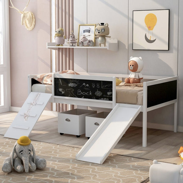 English Elm Twin Loft Bed Solid Pine Frame with Slide Chalkboard Panels and Rolling Storage Boxes WF299308AAK
