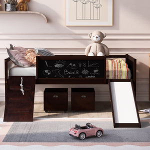 English Elm Twin Loft Bed Solid Pine Frame with Slide Chalkboard Panels and Rolling Storage Boxes WF299308AAP