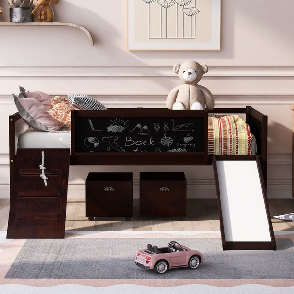 English Elm Twin Loft Bed Solid Pine Frame with Slide Chalkboard Panels and Rolling Storage Boxes WF299308AAP