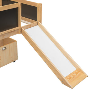 English Elm Twin Pine Loft Bed with Slide Climbing Rope Chalkboard and Rolling Storage Boxes WF299308AAM