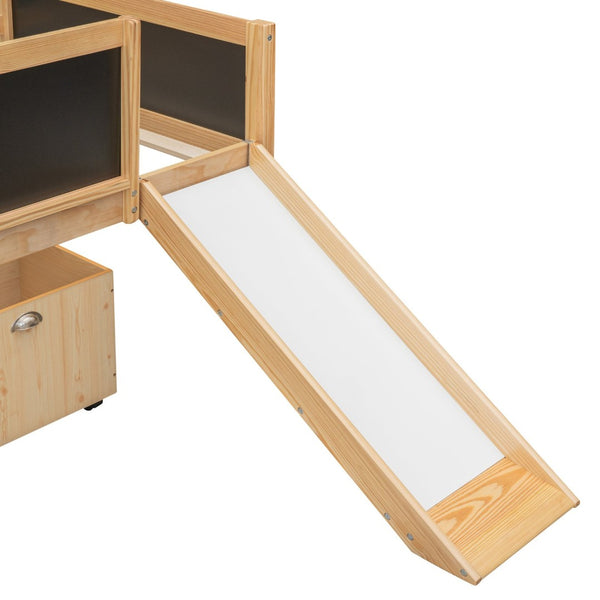English Elm Twin Pine Loft Bed with Slide Climbing Rope Chalkboard and Rolling Storage Boxes WF299308AAM