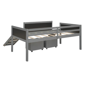 English Elm Twin Pine Wood Loft Bed with Slide Chalkboard Panels and Rolling Storage Boxes WF299308AAE