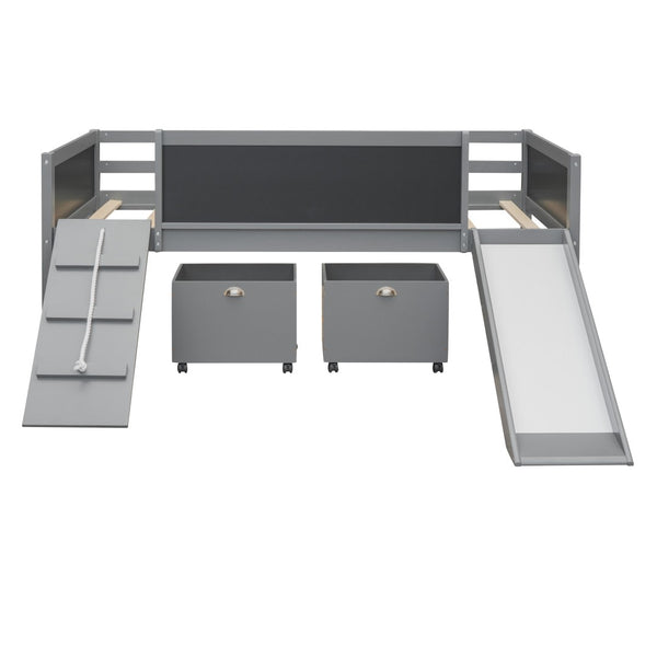 English Elm Twin Pine Wood Loft Bed with Slide Chalkboard Panels and Rolling Storage Boxes WF299308AAE