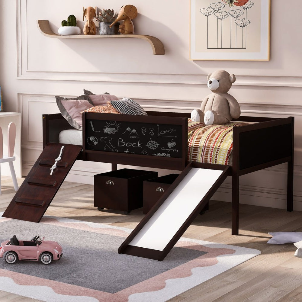 English Elm Twin Loft Bed Solid Pine Frame with Slide Chalkboard Panels and Rolling Storage Boxes WF299308AAP