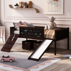 English Elm Twin Loft Bed Solid Pine Frame with Slide Chalkboard Panels and Rolling Storage Boxes WF299308AAP