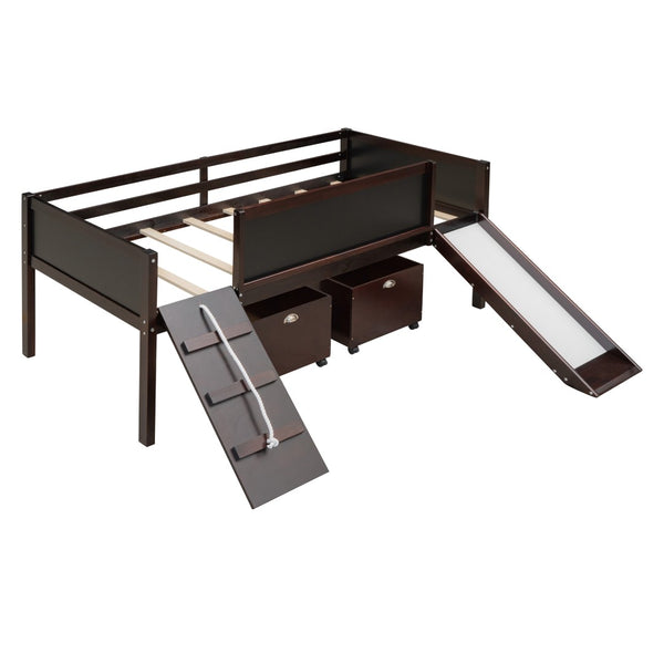 English Elm Twin Loft Bed Solid Pine Frame with Slide Chalkboard Panels and Rolling Storage Boxes WF299308AAP