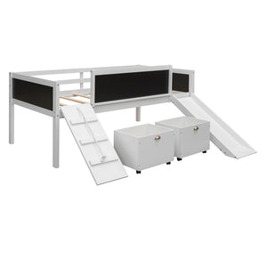 English Elm Twin Loft Bed Solid Pine Frame with Slide Chalkboard Panels and Rolling Storage Boxes WF299308AAK