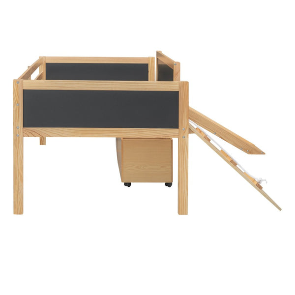 English Elm Twin Pine Loft Bed with Slide Climbing Rope Chalkboard and Rolling Storage Boxes WF299308AAM
